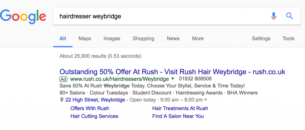 Expanded Text Ad Hairdresser Example